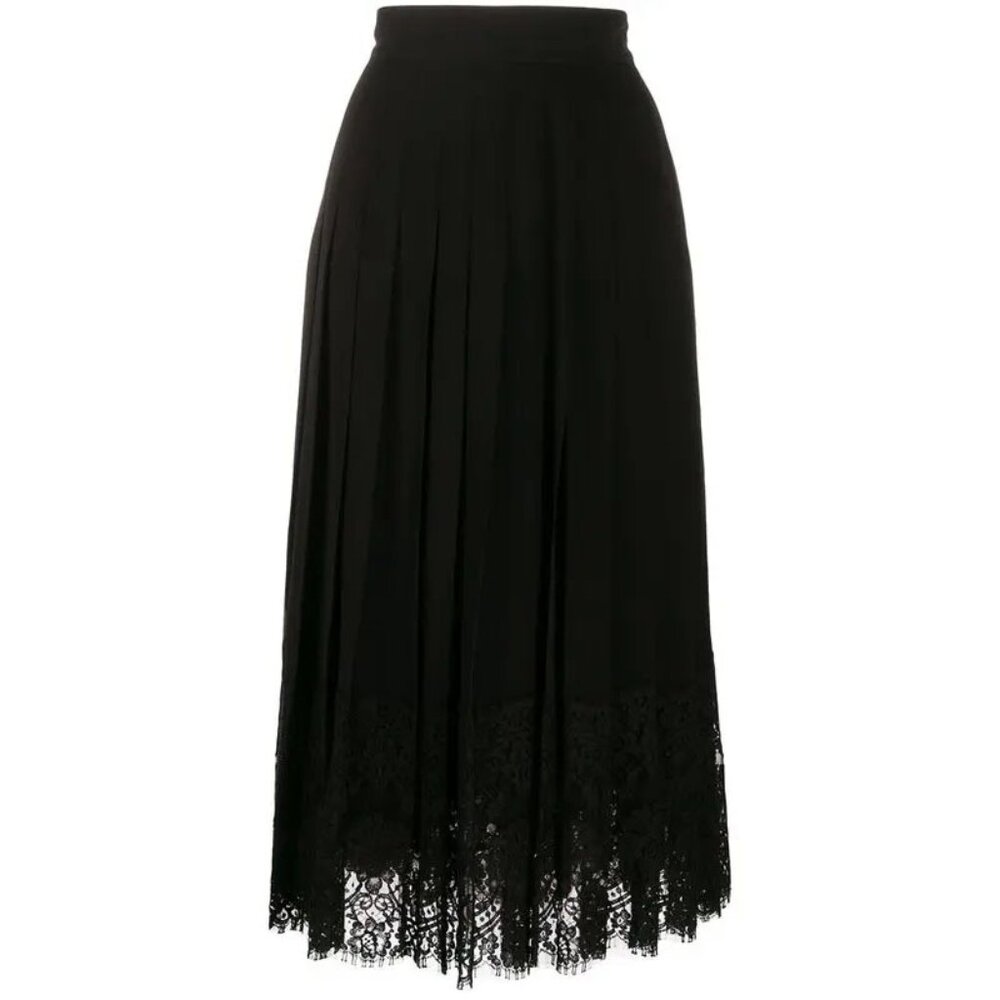 Sinequanone Paris Black Pleated Midi Skirt Lace Trim Elastic Waist French Chic